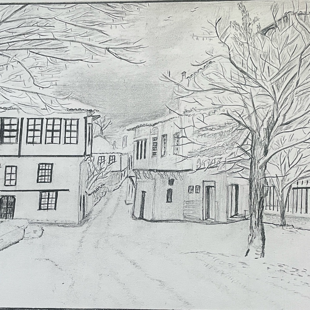 Monochrome Street Scene Sketch. Art Print Signed By Artist L Kousy 2009